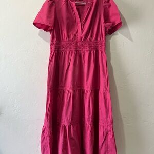 Quince Women 100% Organic Cotton Poplin Tiered Maxi Dress Lipstick Pink L